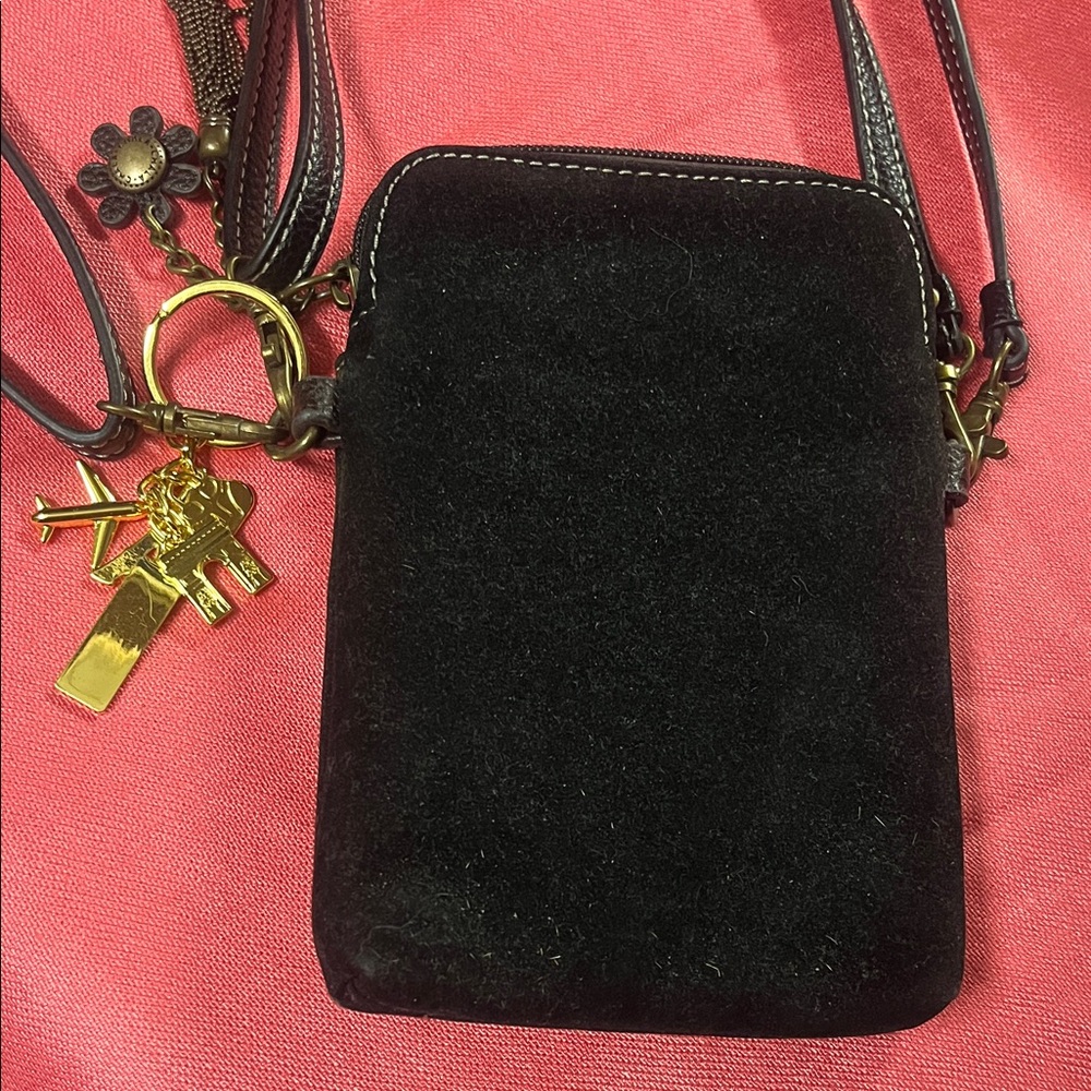 Chala Black/Gray Suede Crossbody Mini- Purse/Phone Bag with Medallion Accents - Picture 10 of 11
